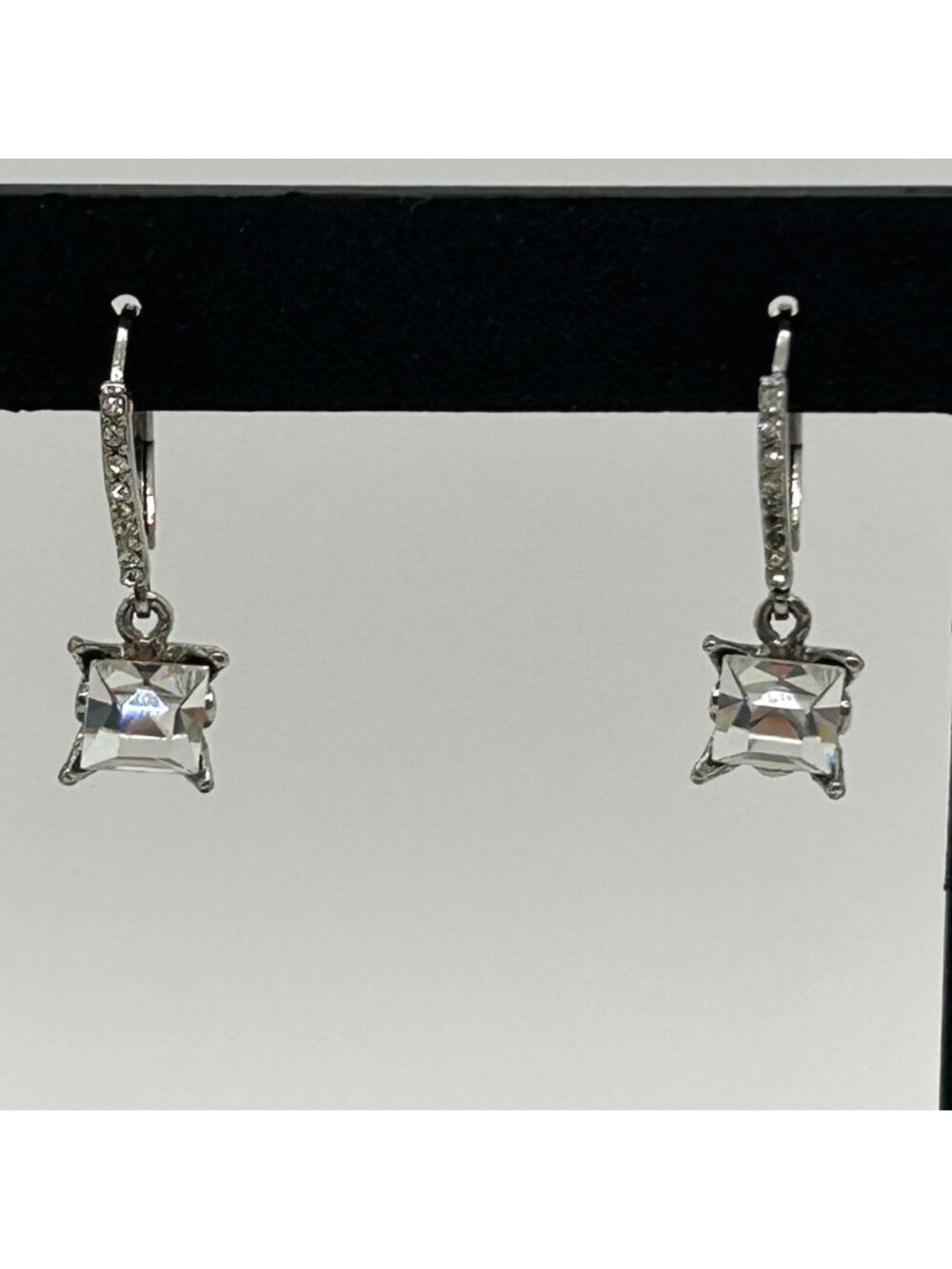 Silver-Tone Princess Cut Leverback Earrings Square Acrylic Pave Drop Dangle